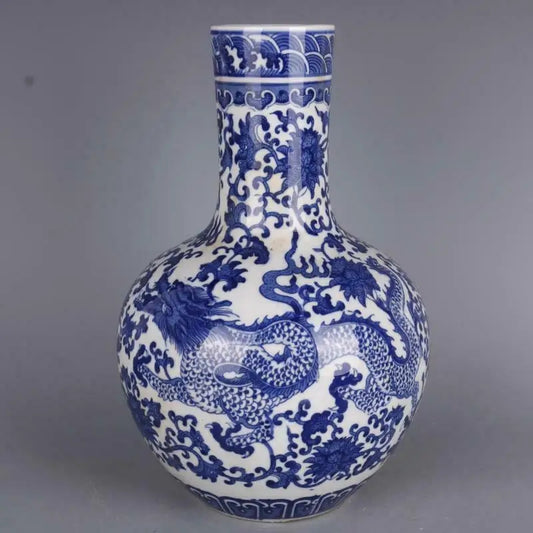 Blue and White Porcelain Flowers Dragon Design Vase 12.36"