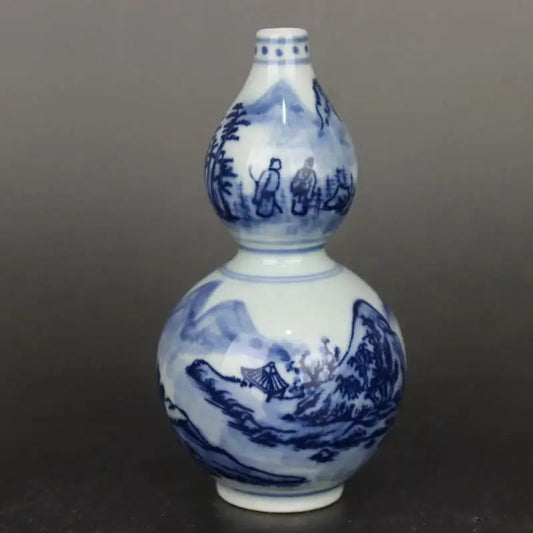 Blue and White Porcelain Landscape Pattern Gourd Shape Vase 4.65 inch