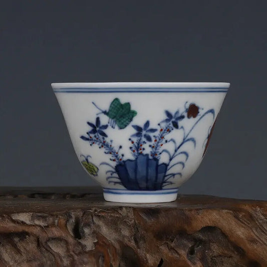 Blue & White Porcelain Ming Chenghua Contrasting Color Butterfly Teacup